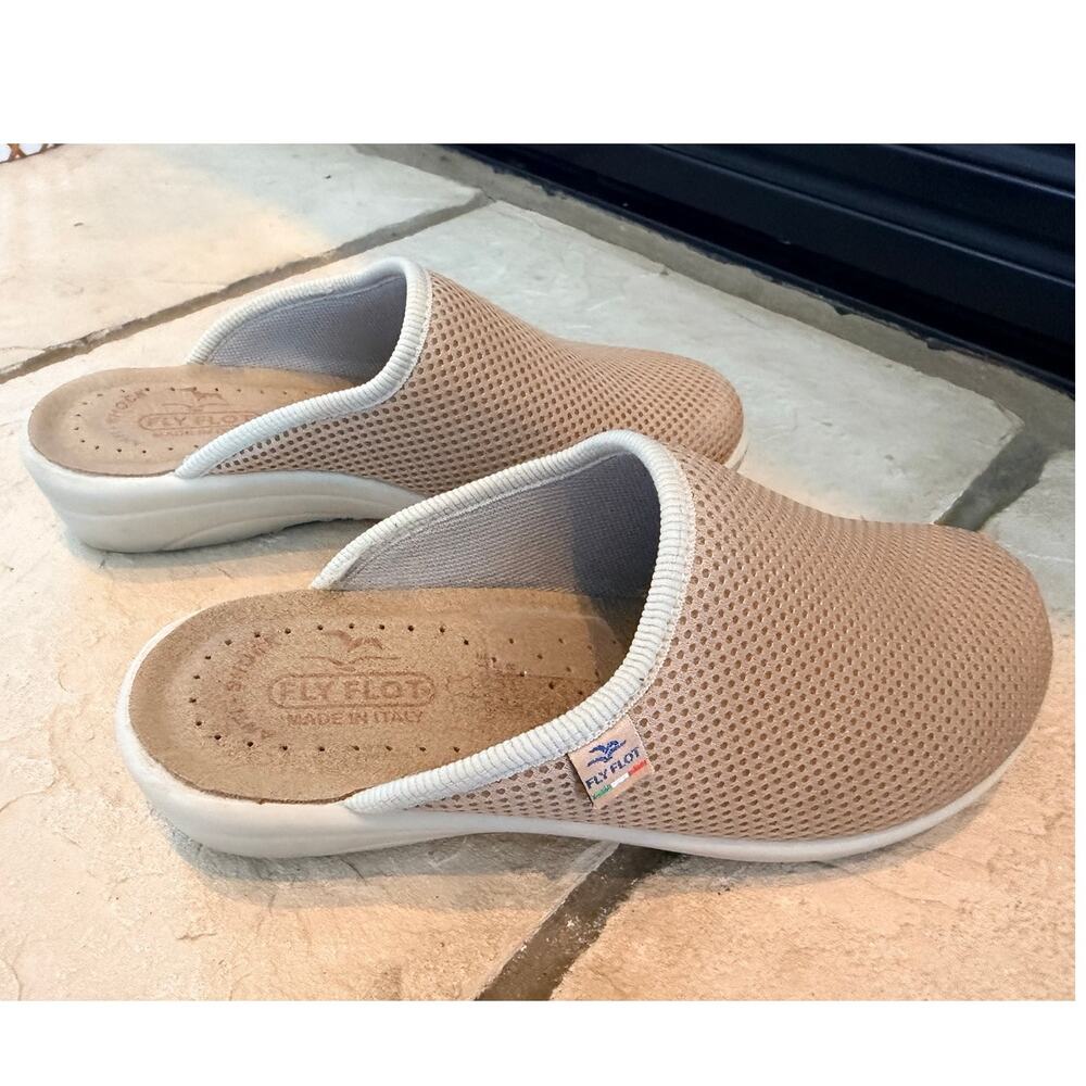 Fly Flot Made in Italy Tan Mesh Slip On Comfort Clogs Shoes Women's Size US 7.5